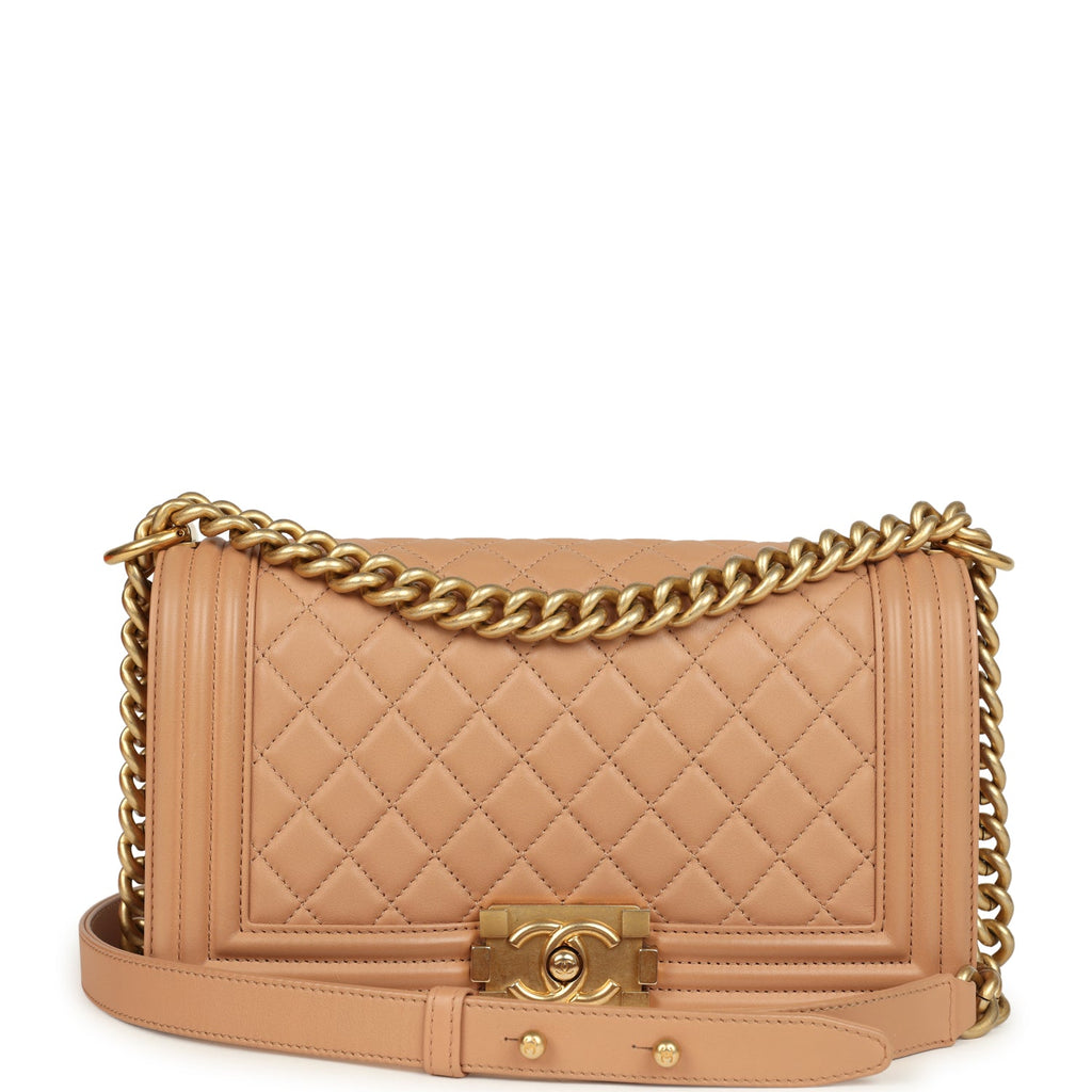 Chanel Medium Boy Bag Dark Beige Lambskin Antique Gold Hardware