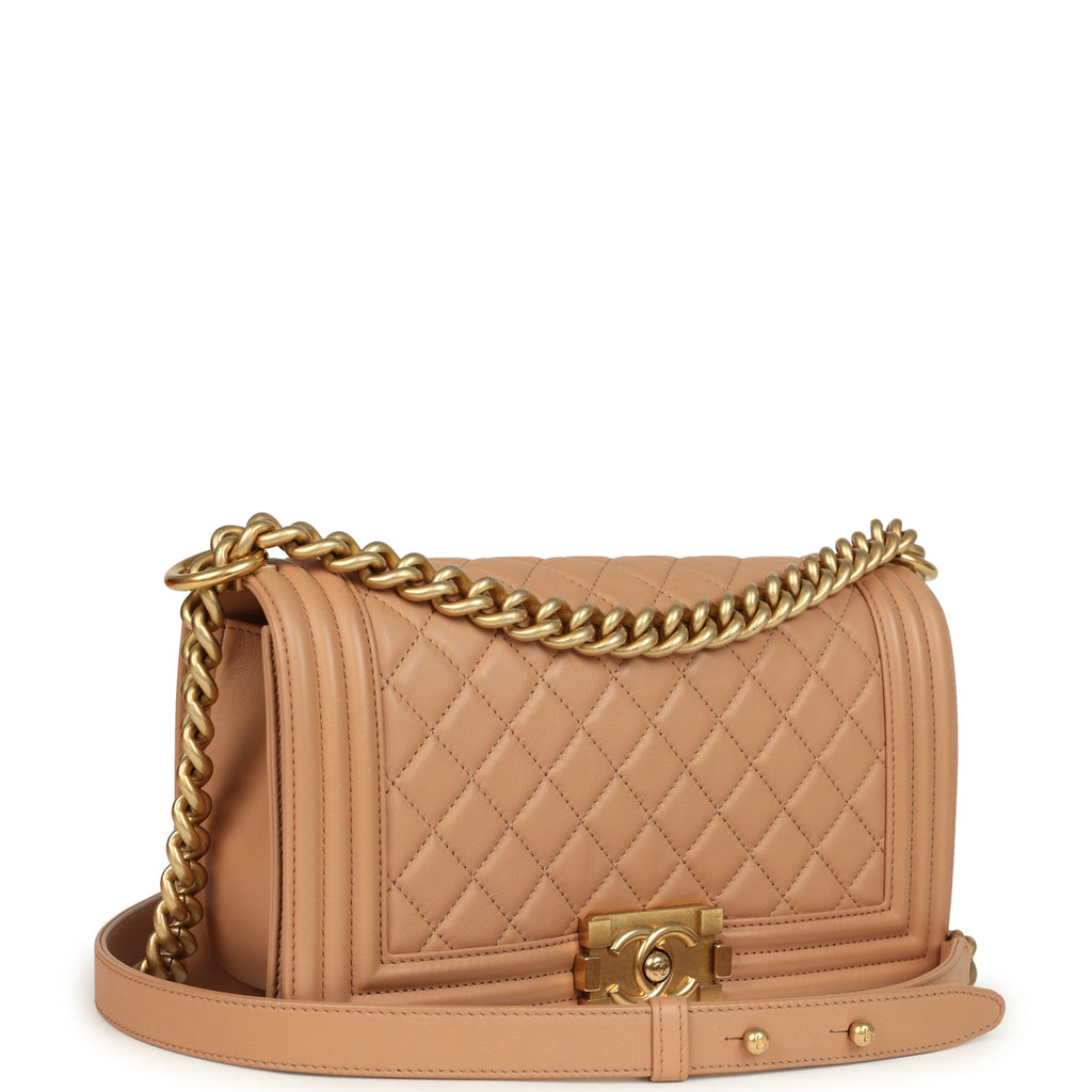 Chanel Medium Boy Bag Dark Beige Lambskin Antique Gold Hardware