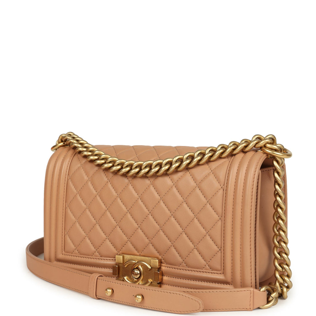 Chanel Medium Boy Bag Dark Beige Lambskin Antique Gold Hardware
