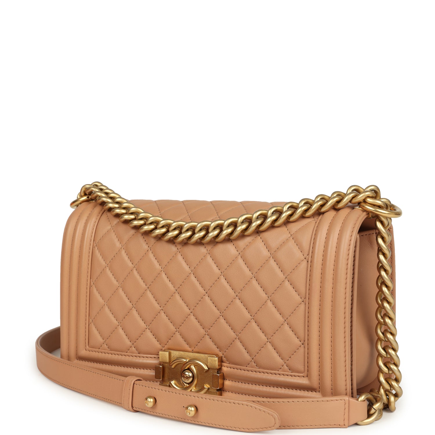 Chanel Medium Boy Bag Dark Beige Lambskin Antique Gold Hardware