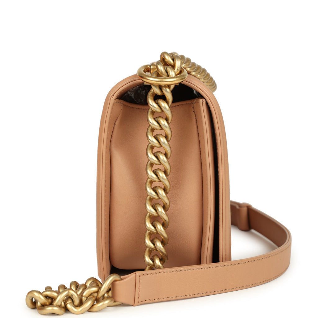 Chanel Medium Boy Bag Dark Beige Lambskin Antique Gold Hardware