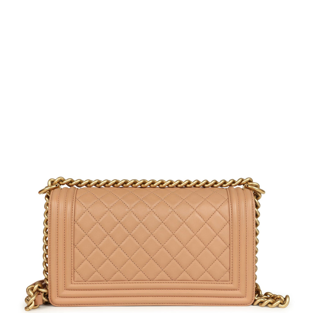 Chanel Medium Boy Bag Dark Beige Lambskin Antique Gold Hardware