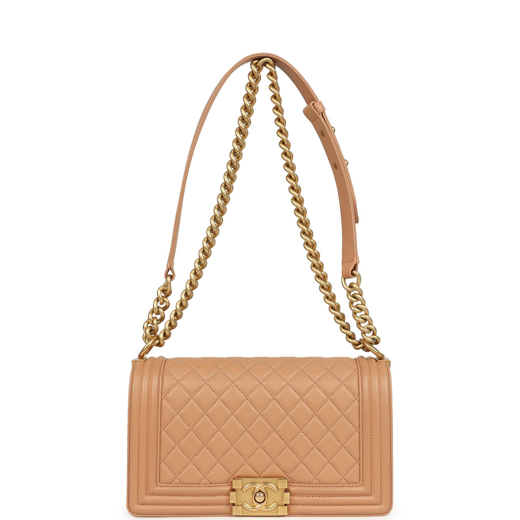 Chanel Medium Boy Bag Dark Beige Lambskin Antique Gold Hardware