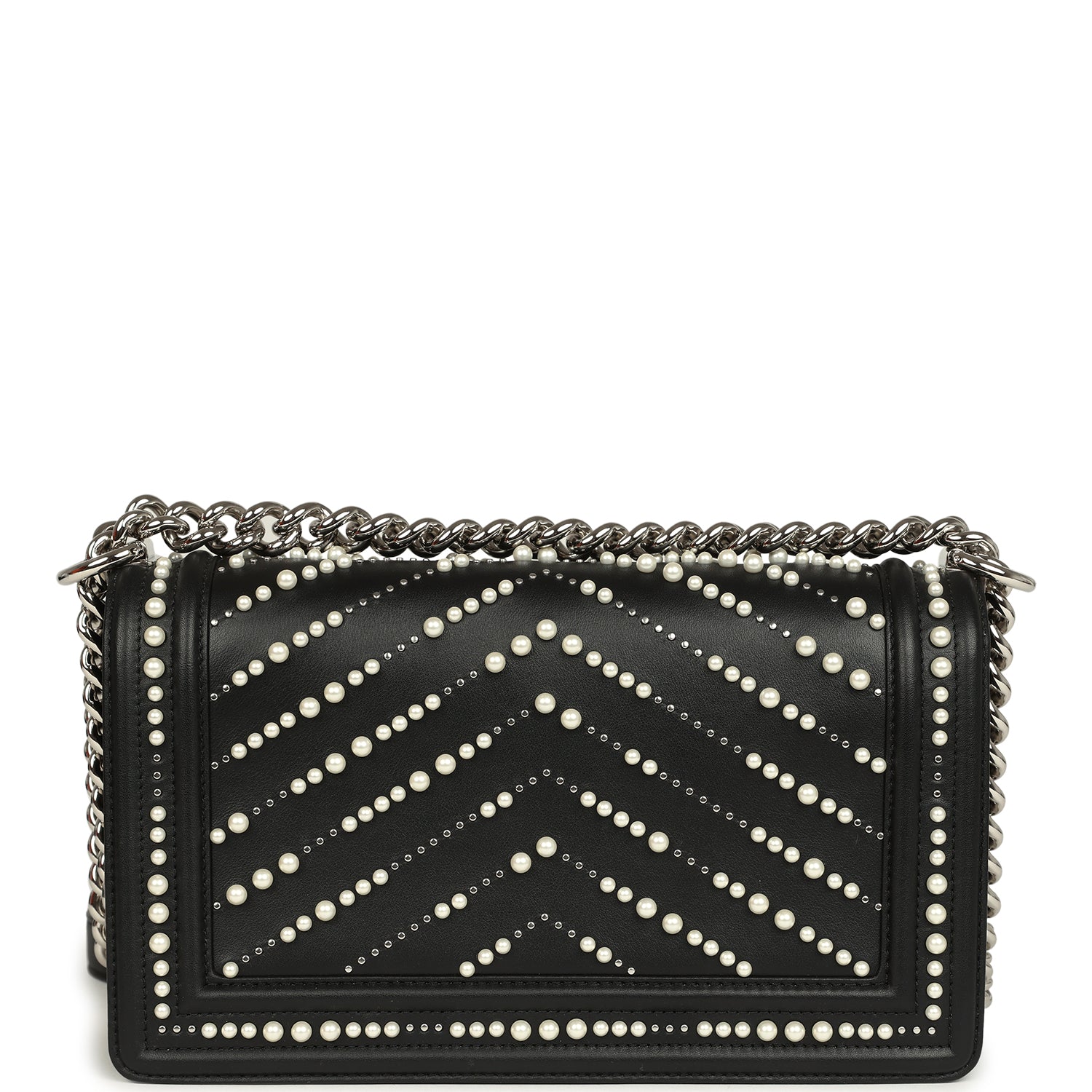 Chanel Medium Boy Bag Black Pearl Chevron Calfskin Silver Hardware