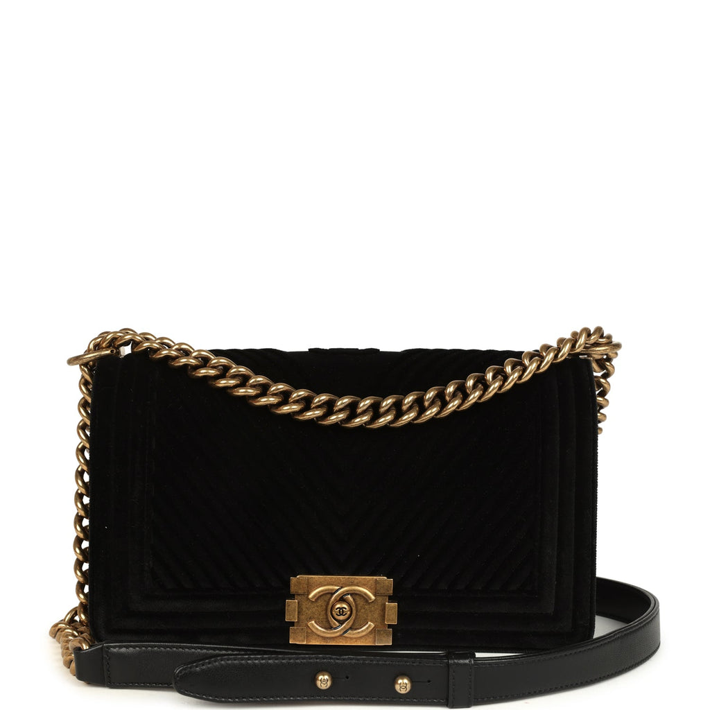 Chanel Medium Boy Bag Black Chevron Velvet Antique Gold Hardware