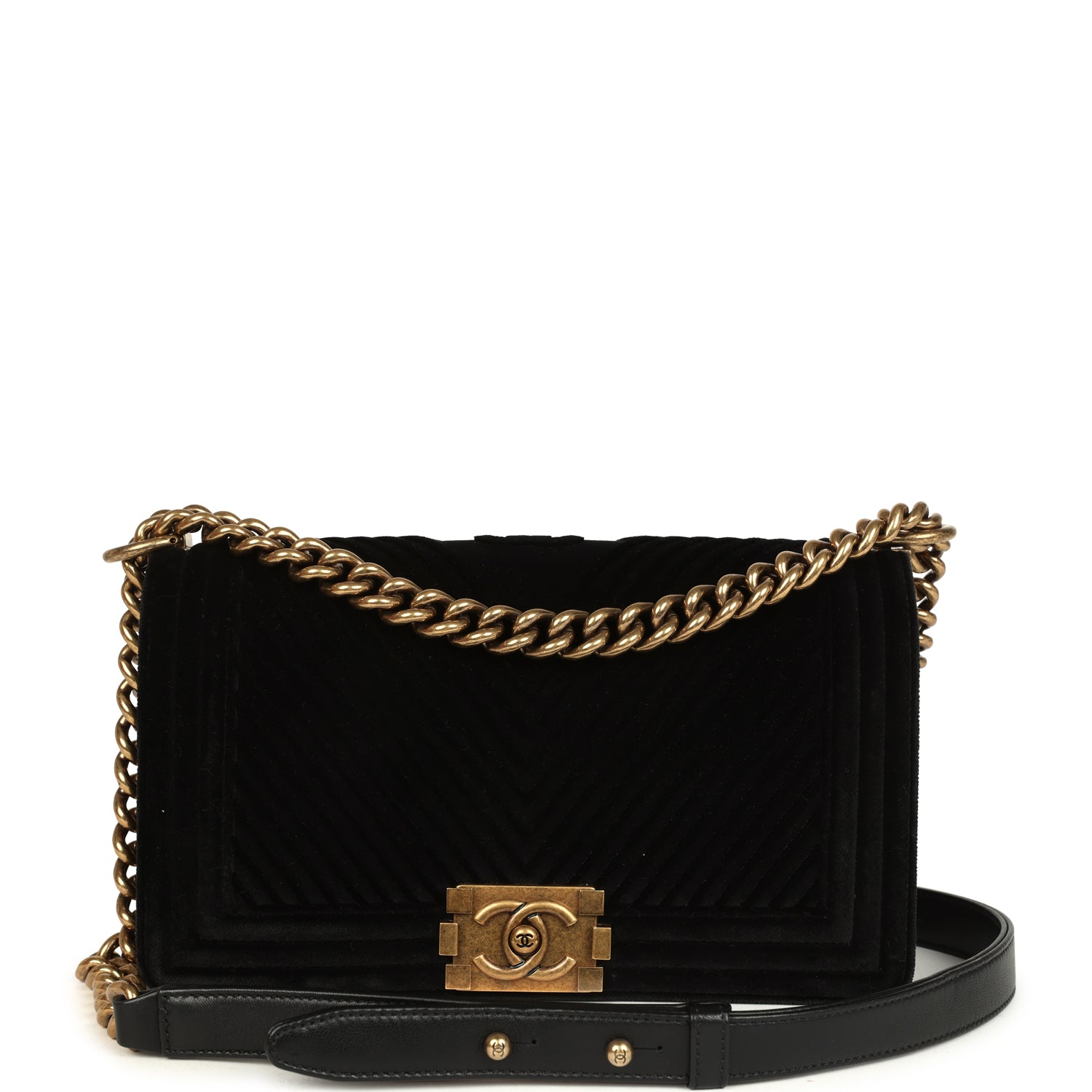Chanel Medium Boy Bag Black Chevron Velvet Antique Gold Hardware
