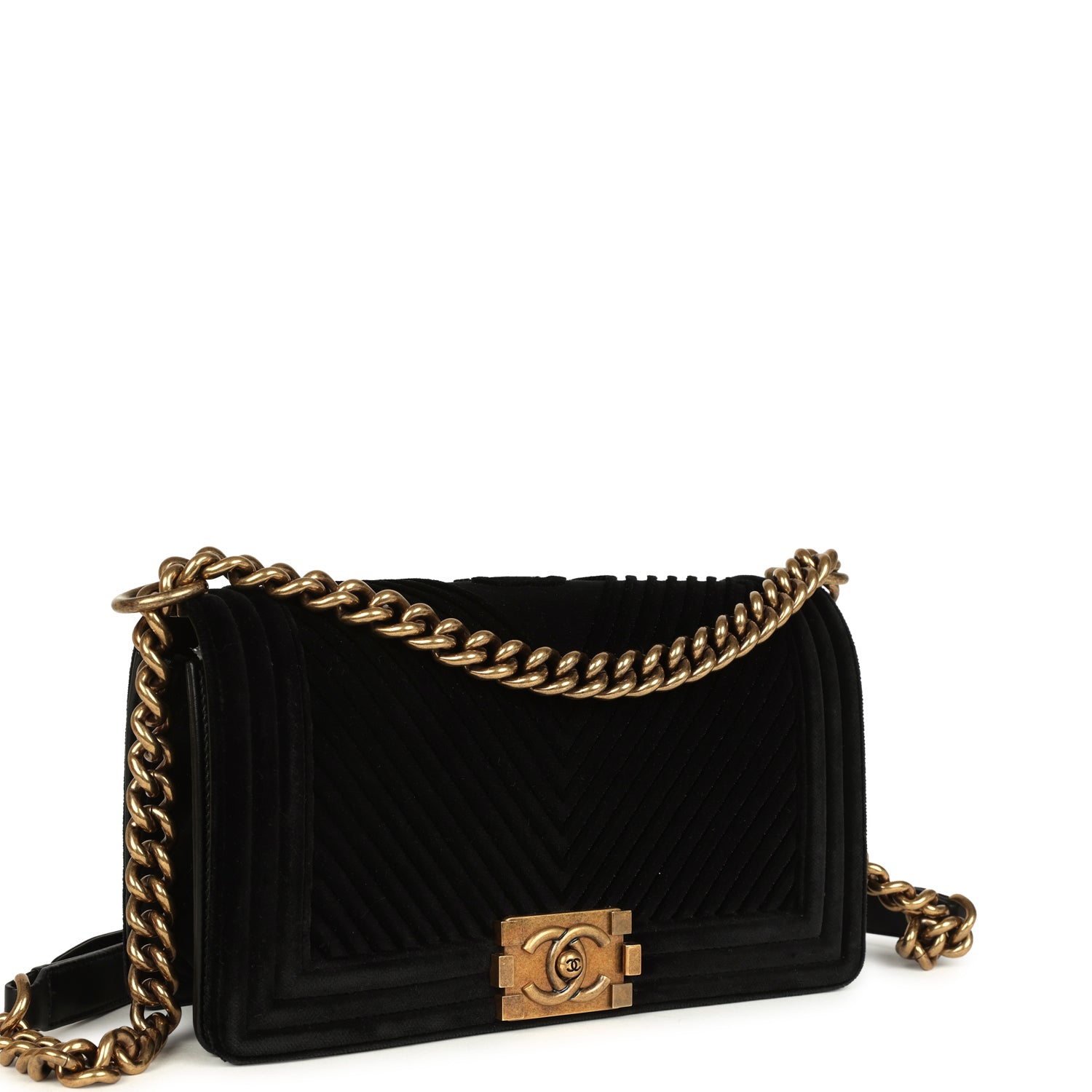 Chanel Medium Boy Bag Black Chevron Velvet Antique Gold Hardware