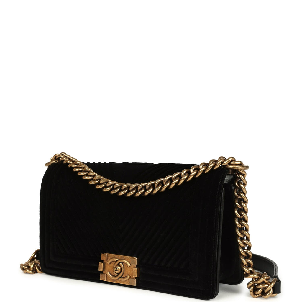 Chanel Medium Boy Bag Black Chevron Velvet Antique Gold Hardware