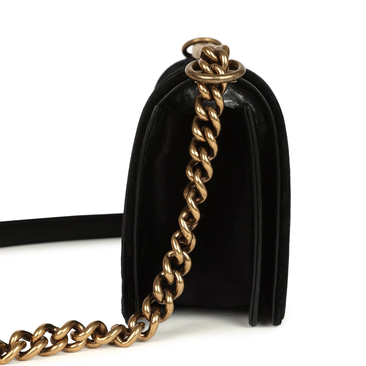 Chanel Medium Boy Bag Black Chevron Velvet Antique Gold Hardware