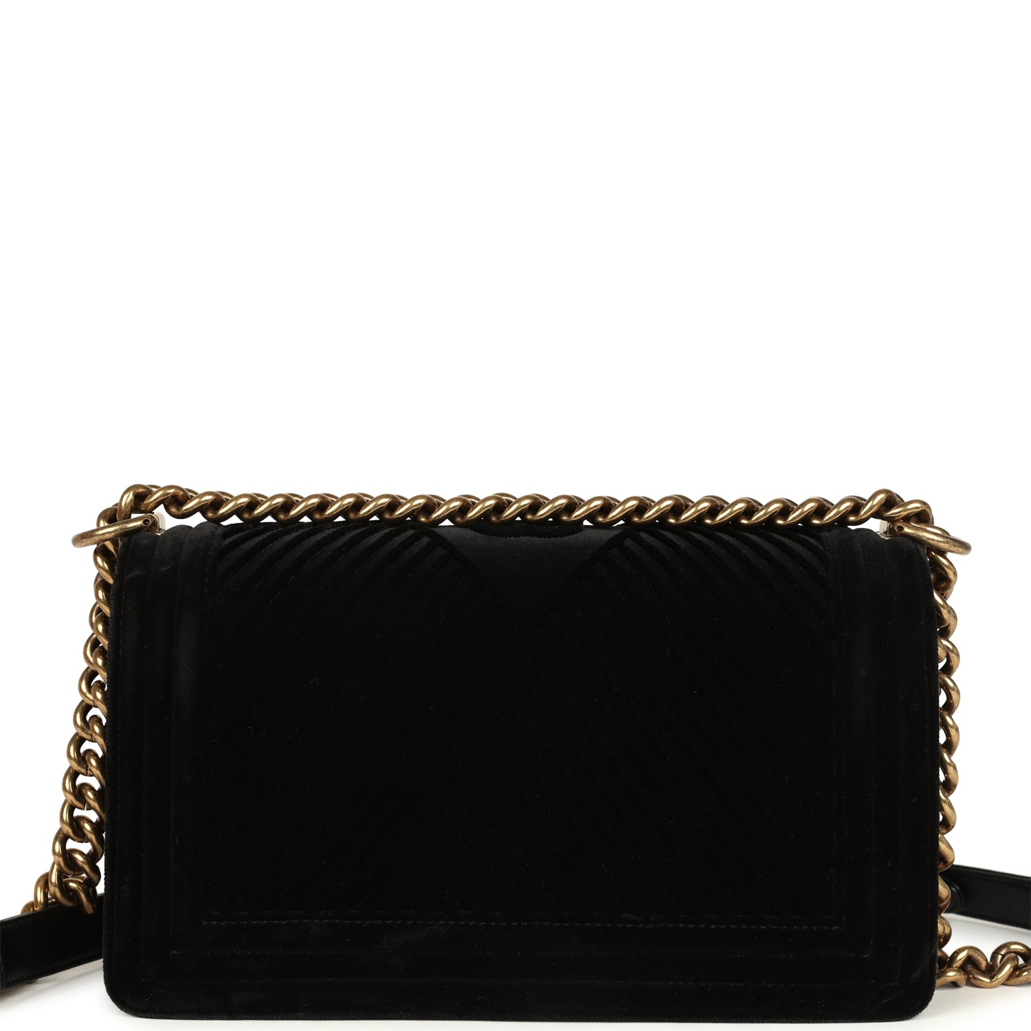 Chanel Medium Boy Bag Black Chevron Velvet Antique Gold Hardware