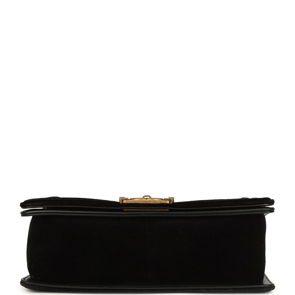 Chanel Medium Boy Bag Black Chevron Velvet Antique Gold Hardware