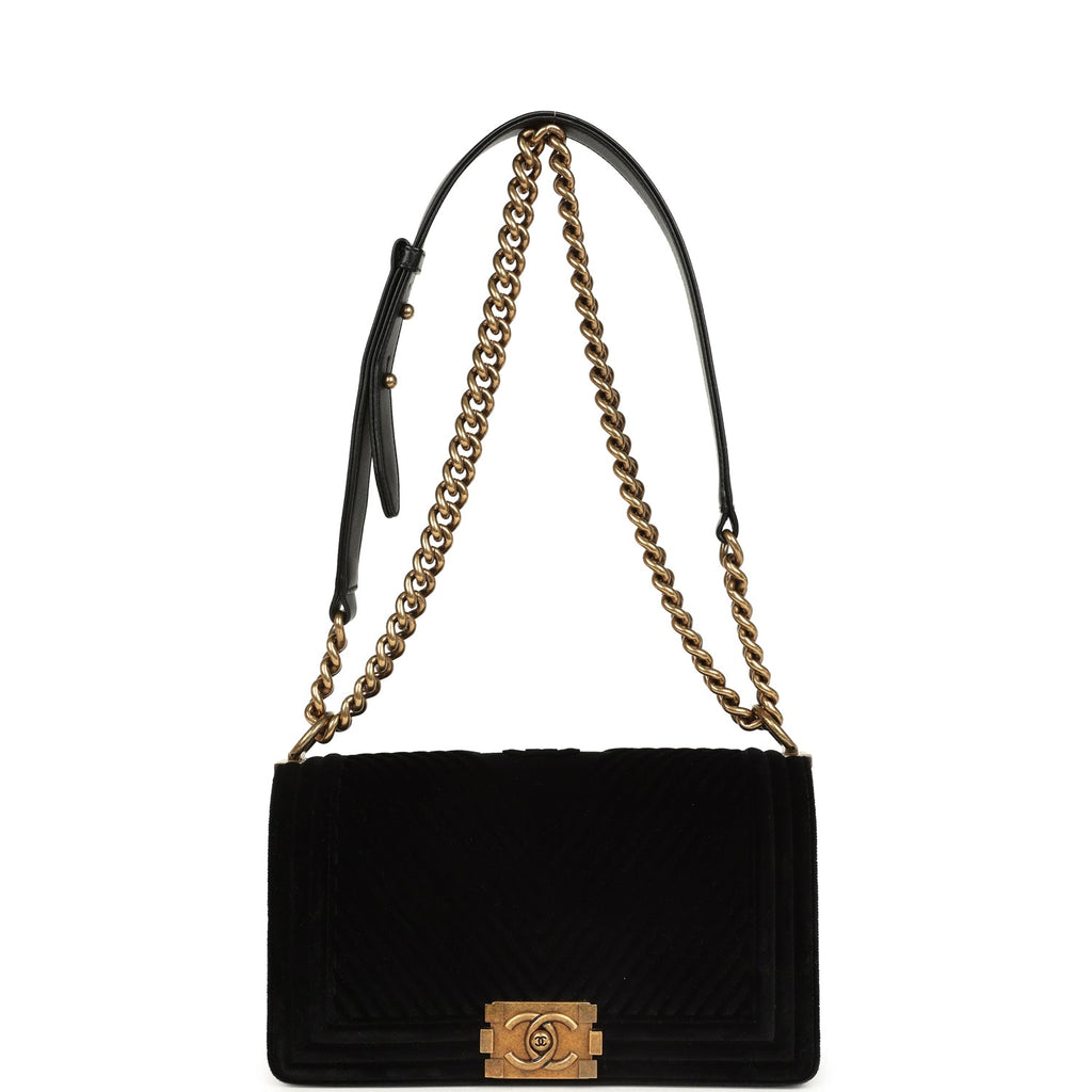 Chanel Medium Boy Bag Black Chevron Velvet Antique Gold Hardware