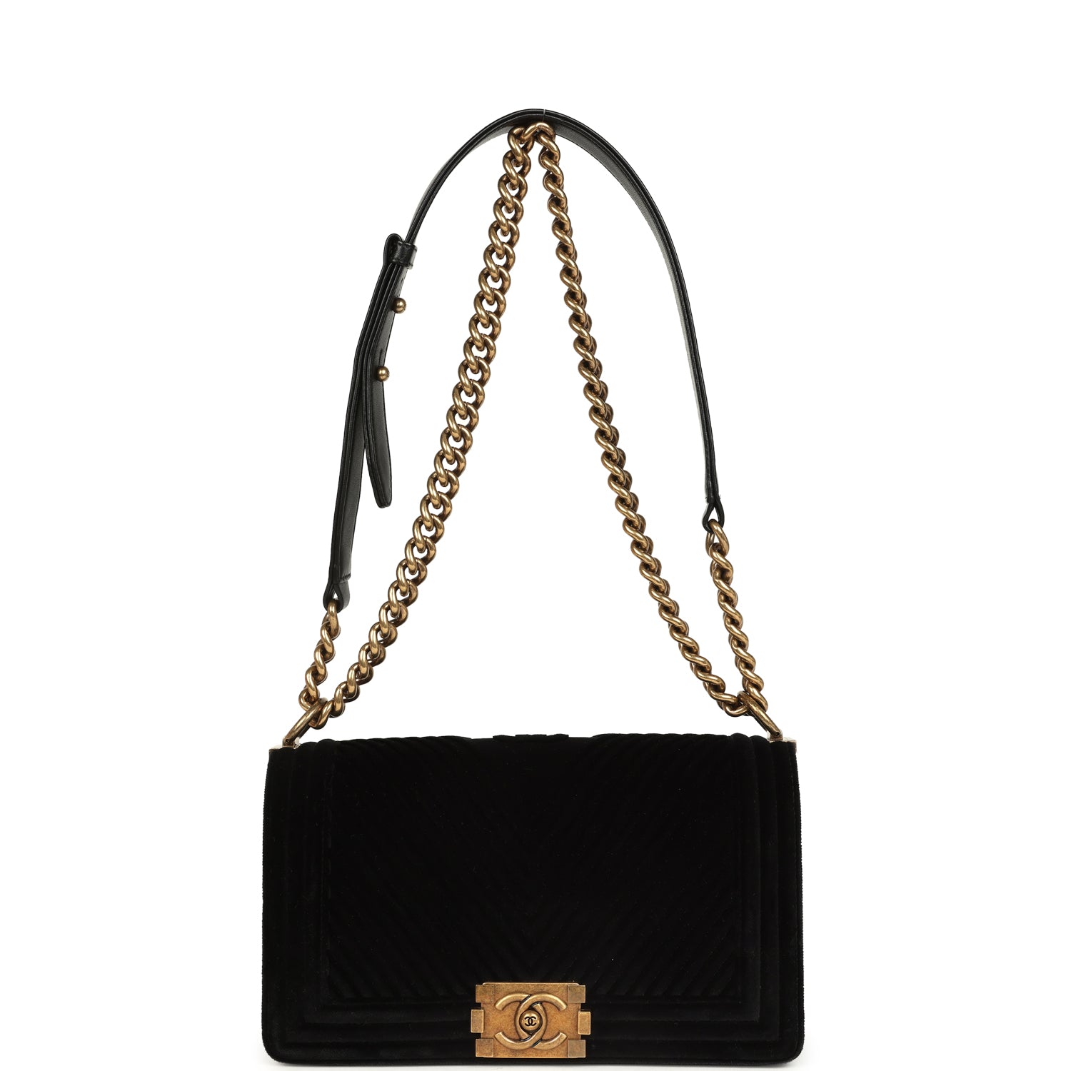 Chanel Medium Boy Bag Black Chevron Velvet Antique Gold Hardware