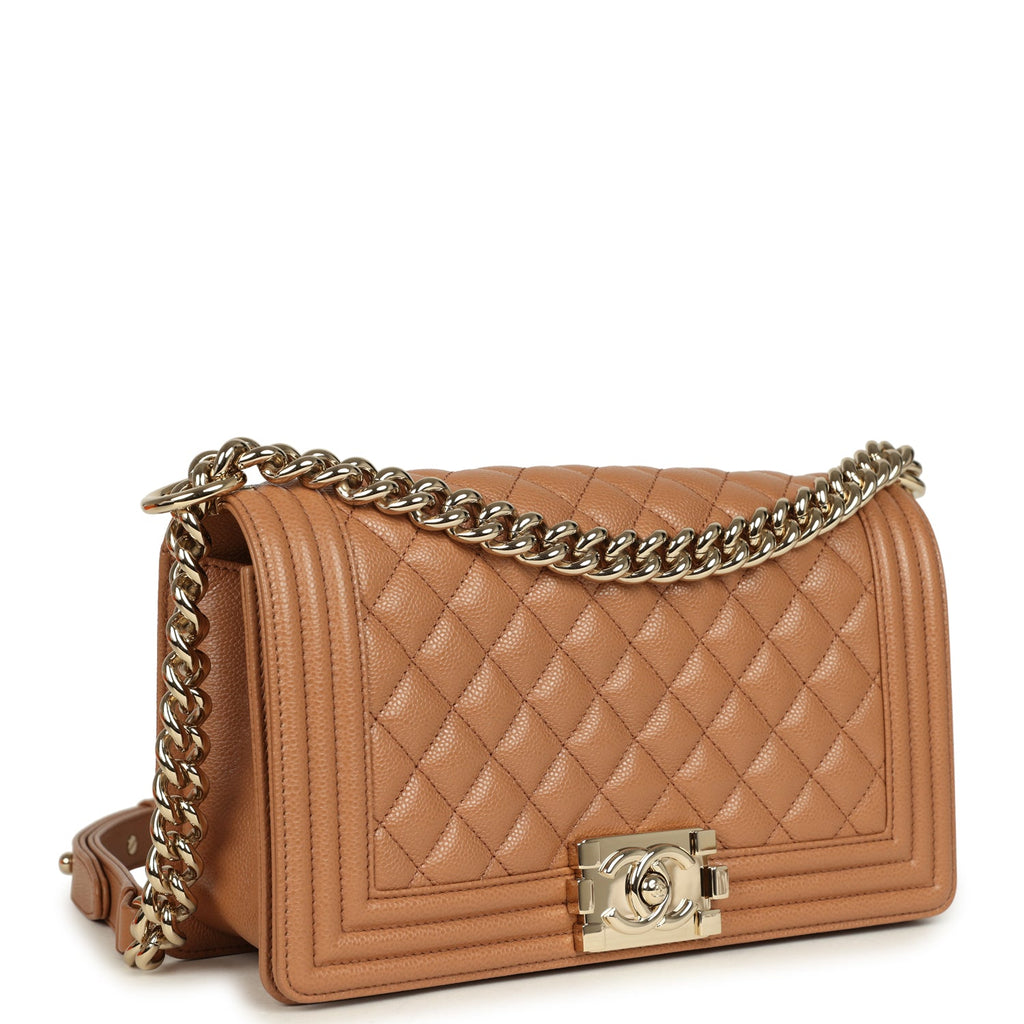 Chanel Medium Boy Bag Caramel Shiny Caviar Light Gold Hardware