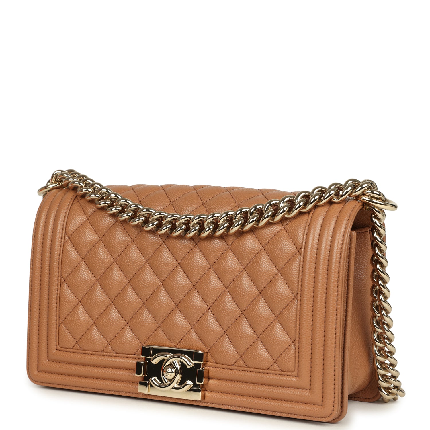 Chanel Medium Boy Bag Caramel Shiny Caviar Light Gold Hardware