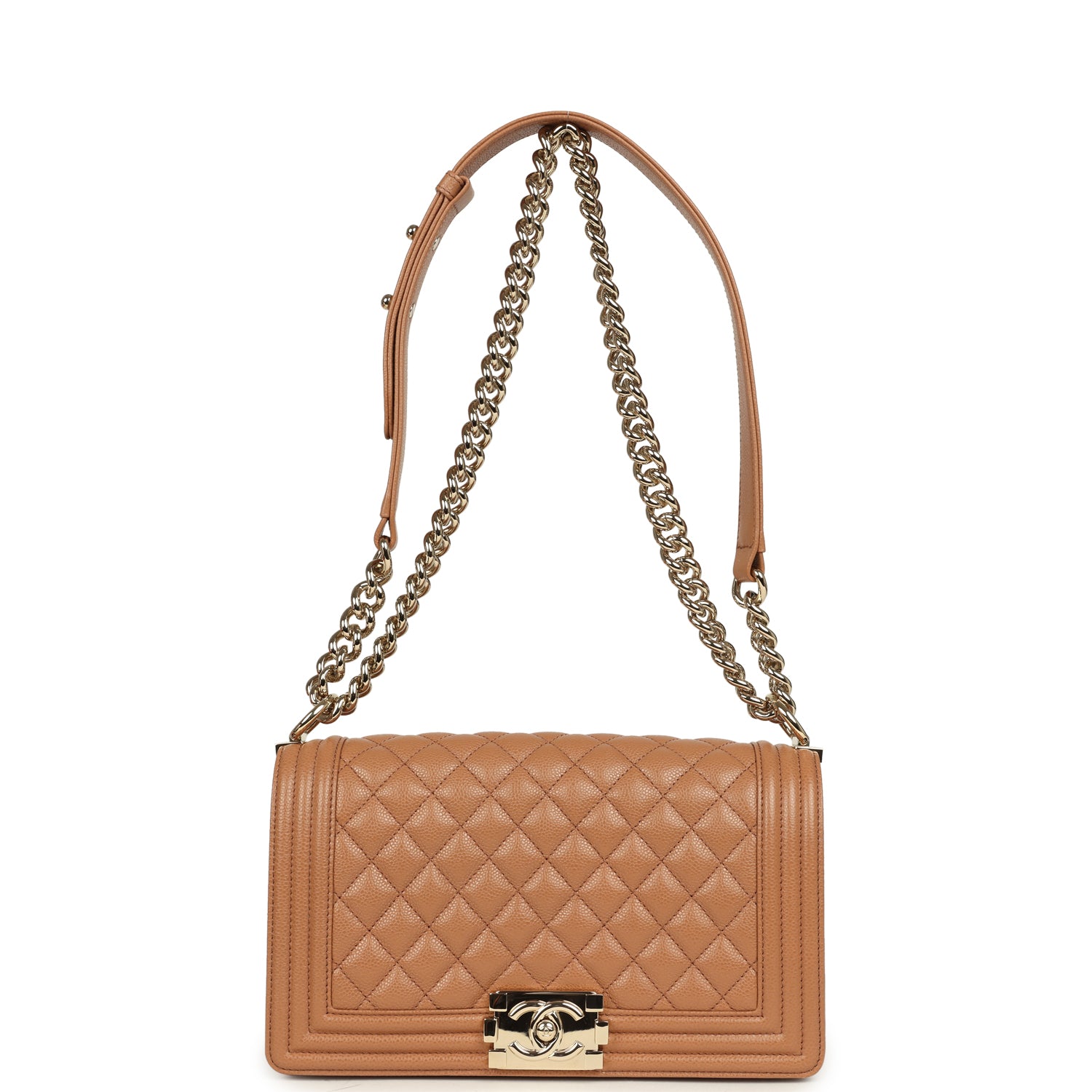 Chanel Medium Boy Bag Caramel Shiny Caviar Light Gold Hardware