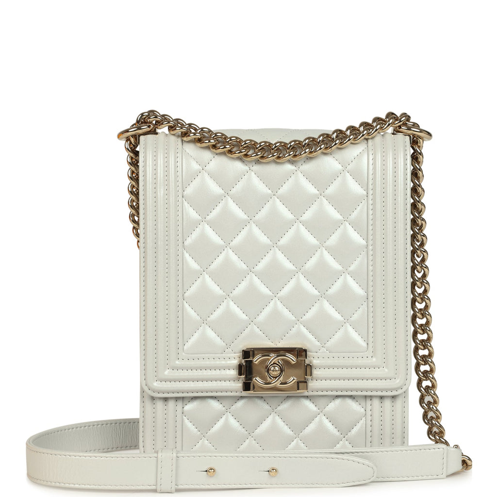 Chanel North South Boy Bag Light Grey Iridescent Calfskin Light Gold Hardware