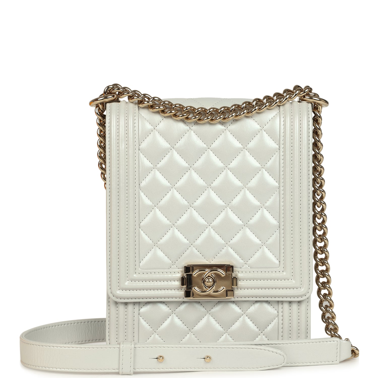 Chanel North South Boy Bag Light Grey Iridescent Calfskin Light Gold Hardware