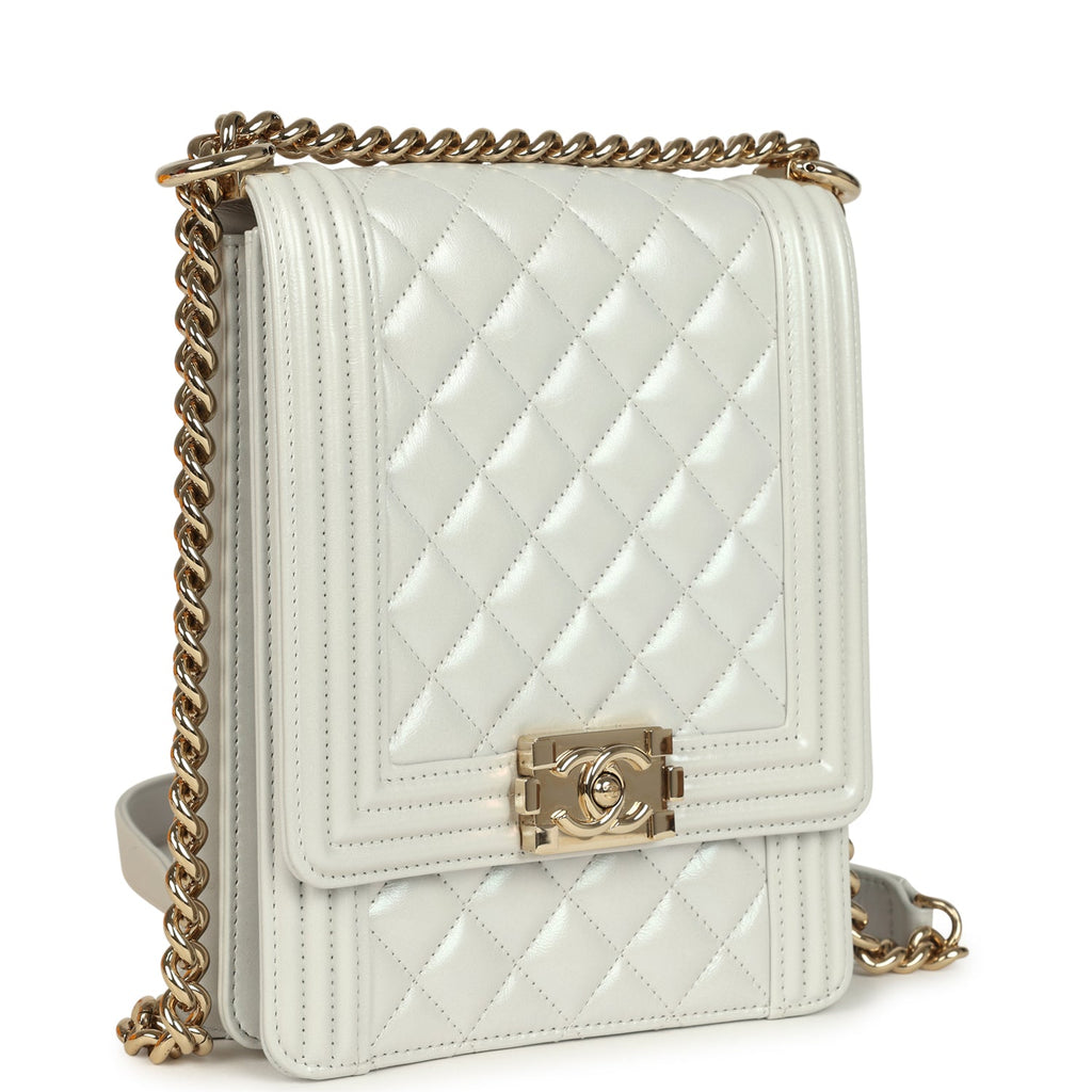 Chanel North South Boy Bag Light Grey Iridescent Calfskin Light Gold Hardware