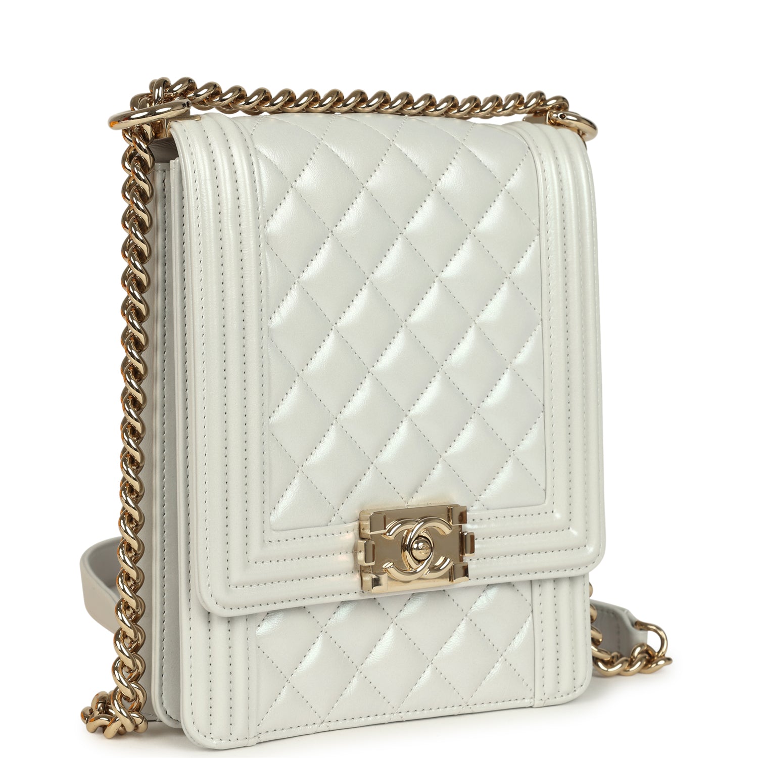 Chanel North South Boy Bag Light Grey Iridescent Calfskin Light Gold Hardware