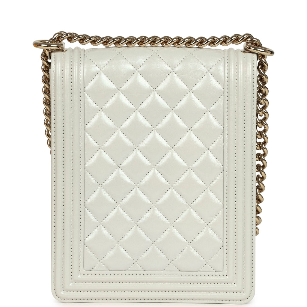 Chanel North South Boy Bag Light Grey Iridescent Calfskin Light Gold Hardware