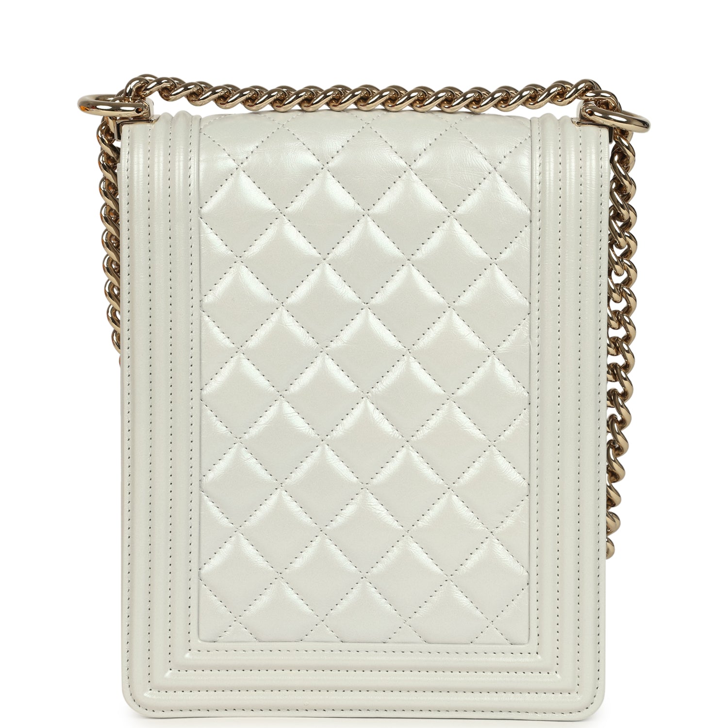 Chanel North South Boy Bag Light Grey Iridescent Calfskin Light Gold Hardware