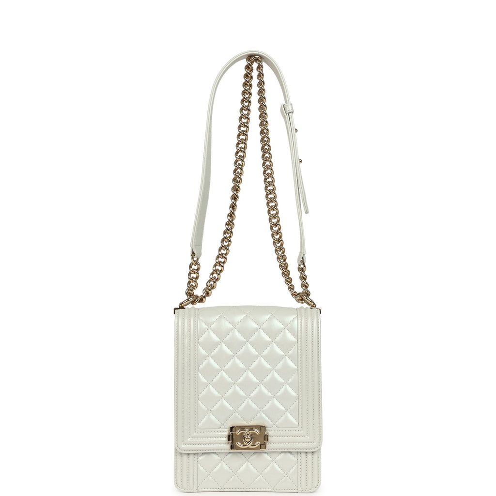 Chanel North South Boy Bag Light Grey Iridescent Calfskin Light Gold Hardware