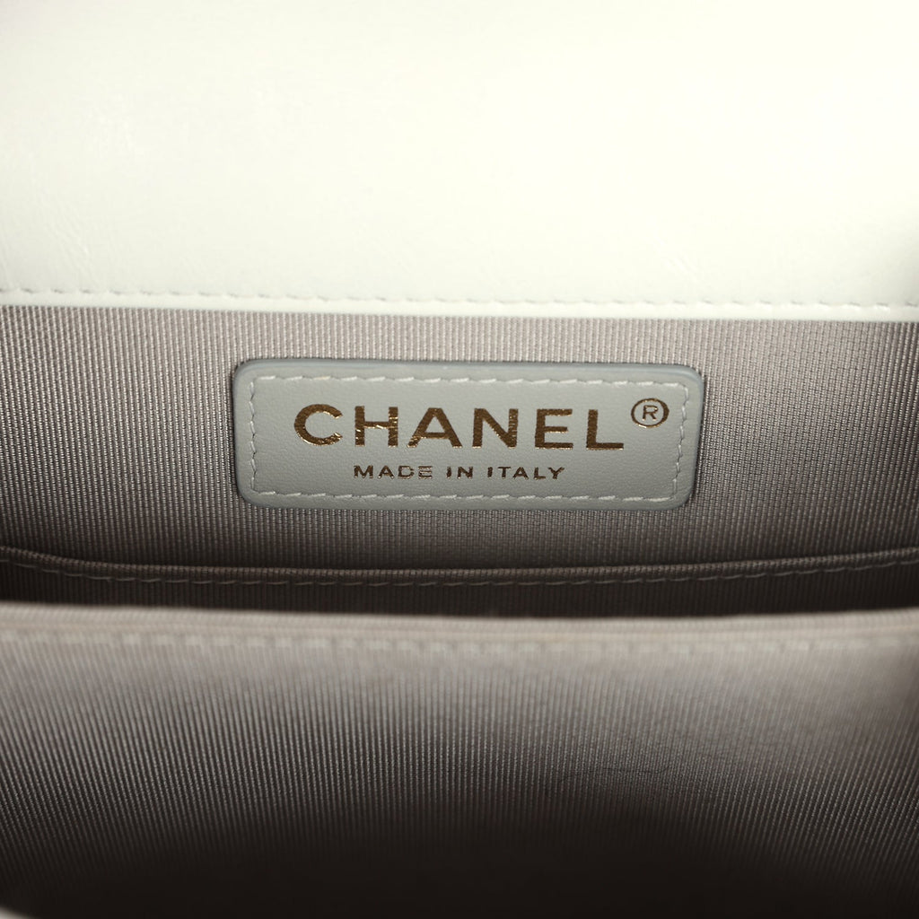 Chanel North South Boy Bag Light Grey Iridescent Calfskin Light Gold Hardware