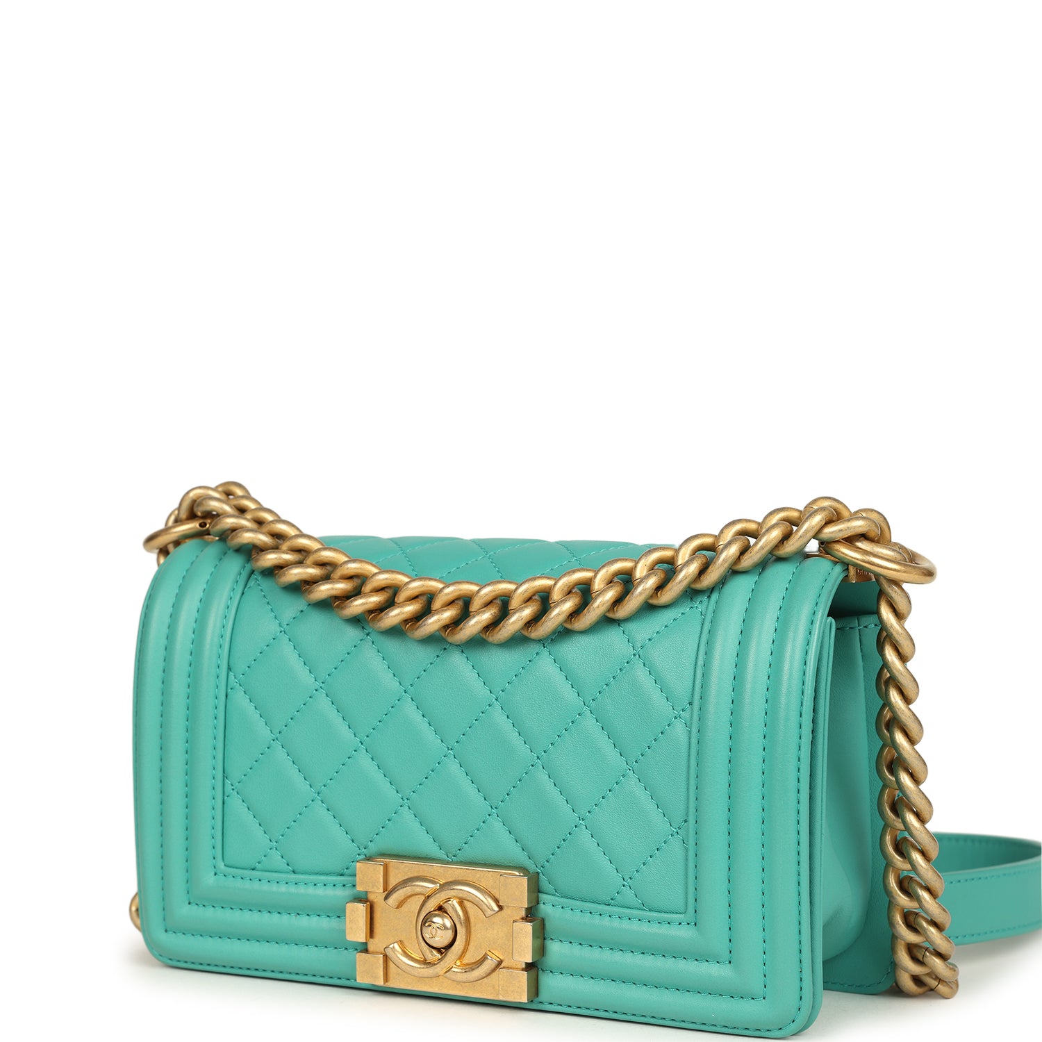 Chanel Small Boy Bag Turquoise Lambskin Antique Gold Hardware