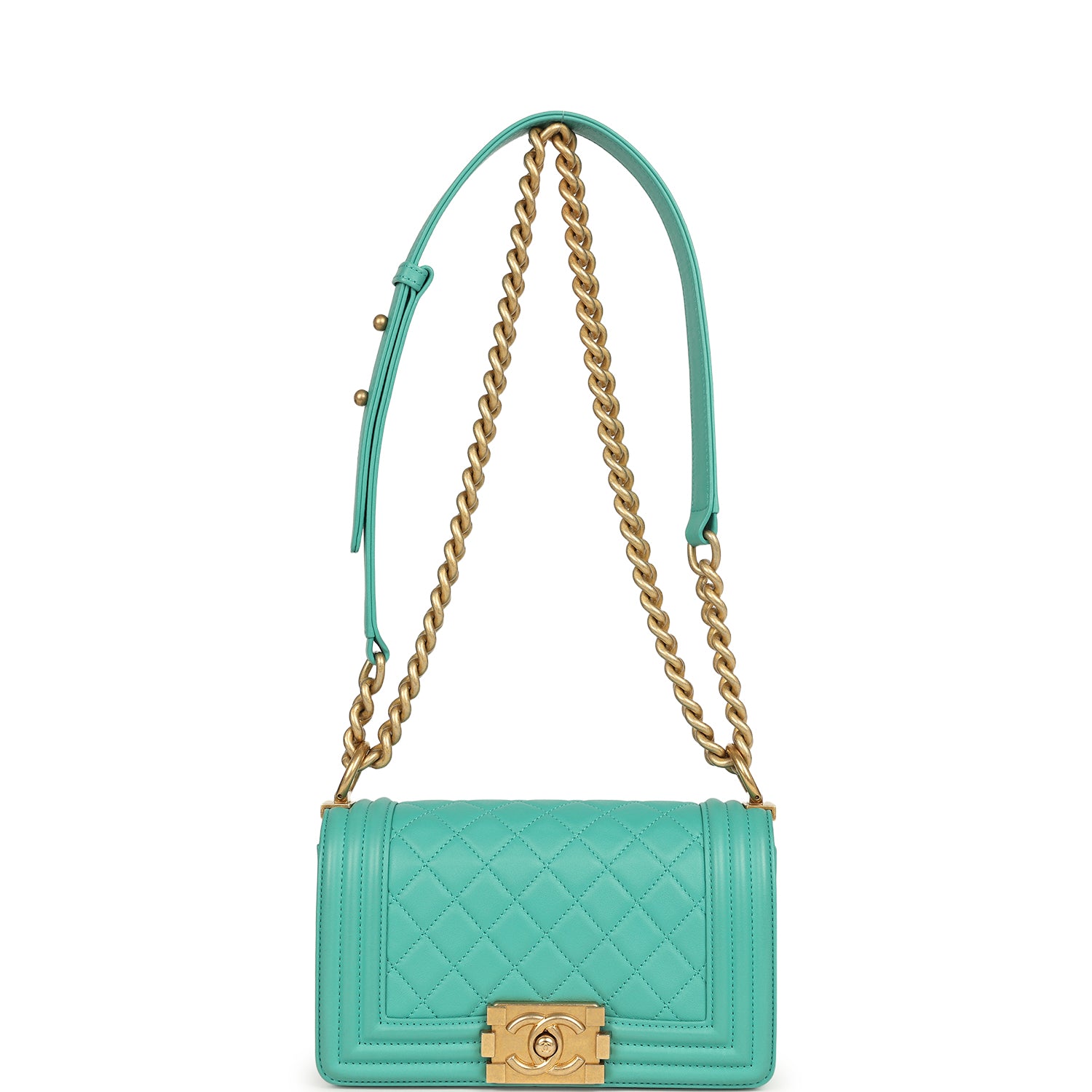 Chanel Small Boy Bag Turquoise Lambskin Antique Gold Hardware