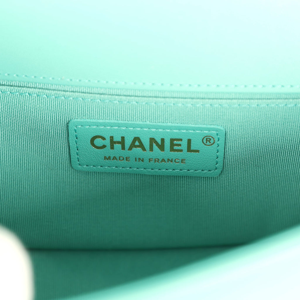 Chanel Small Boy Bag Turquoise Lambskin Antique Gold Hardware