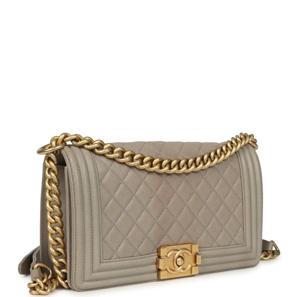 Chanel Medium Boy Bag Taupe Caviar Antique Gold Hardware