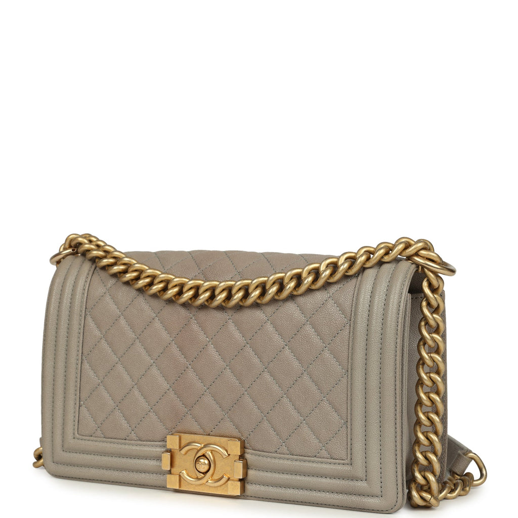 Chanel Medium Boy Bag Taupe Caviar Antique Gold Hardware