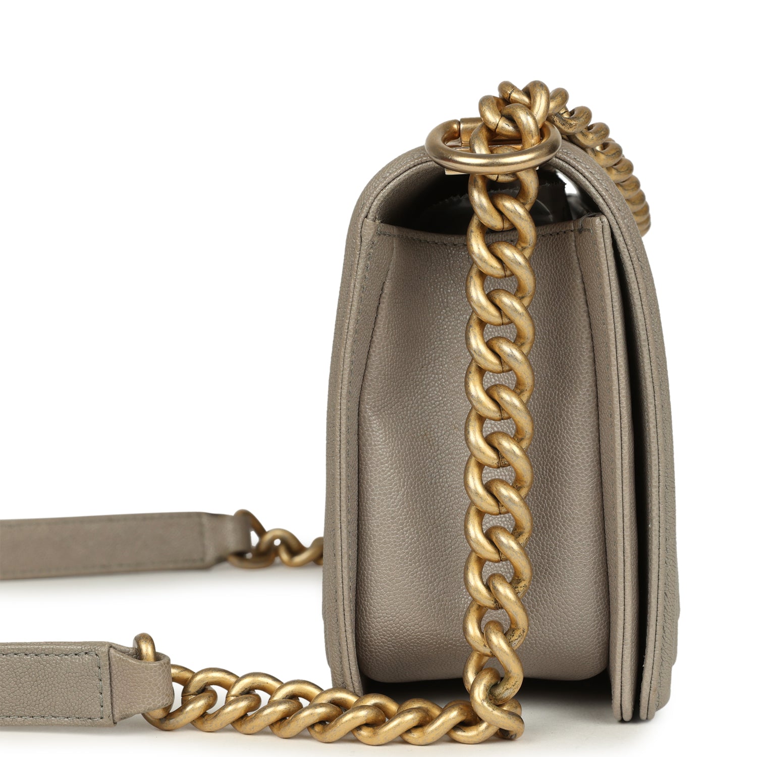Chanel Medium Boy Bag Taupe Caviar Antique Gold Hardware