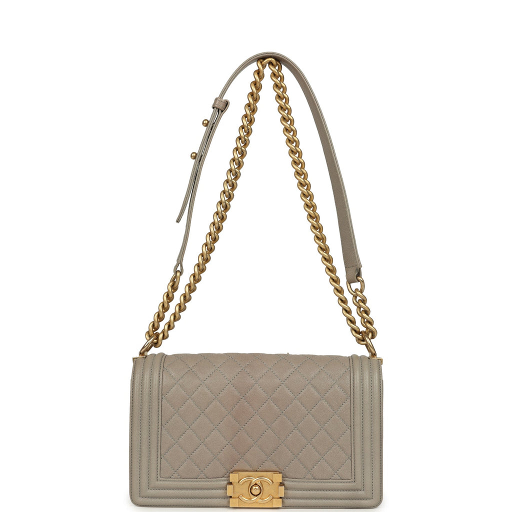 Chanel Medium Boy Bag Taupe Caviar Antique Gold Hardware
