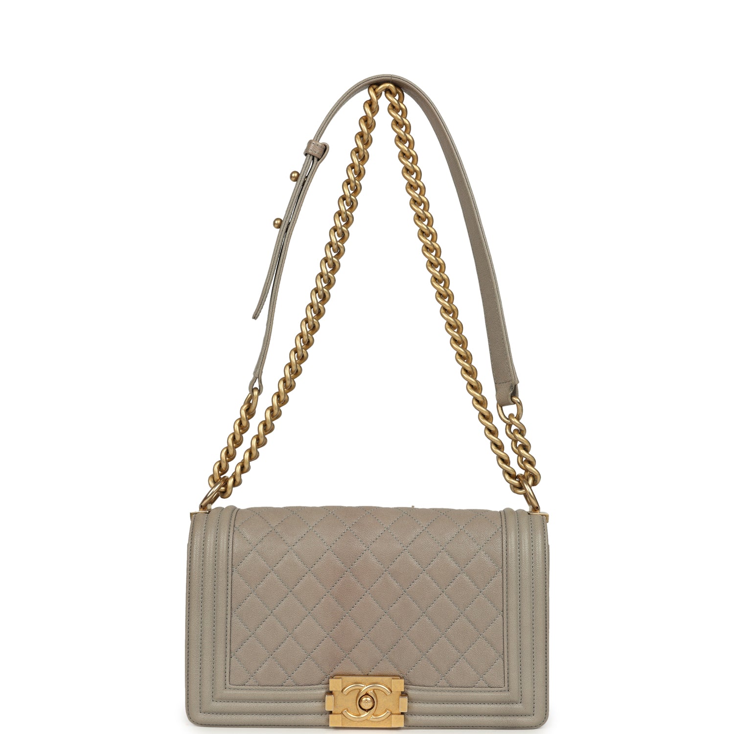 Chanel Medium Boy Bag Taupe Caviar Antique Gold Hardware