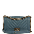 Chanel Medium Chevron Boy Bag Blue Caviar Light Gold Hardware