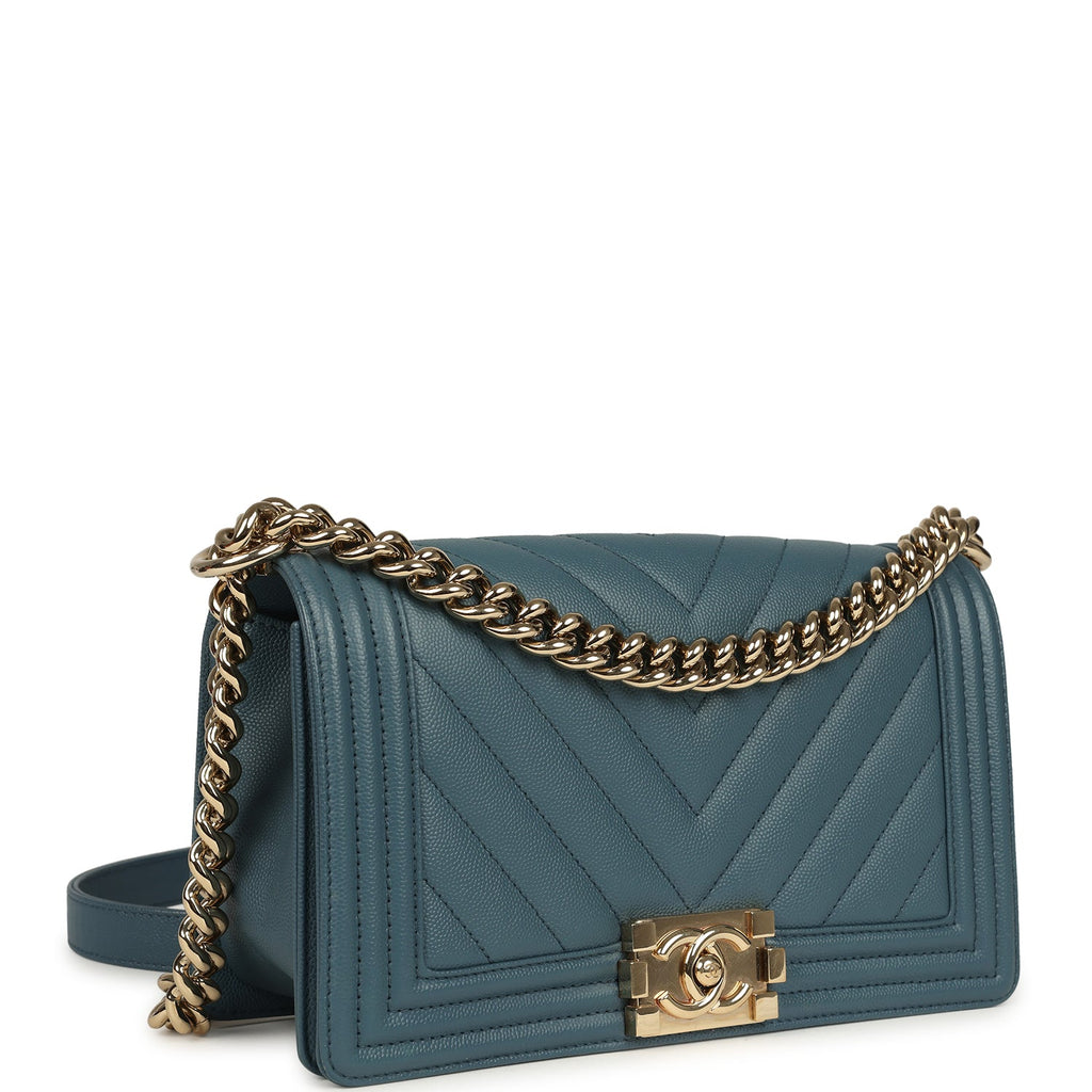 Chanel Medium Chevron Boy Bag Blue Caviar Light Gold Hardware
