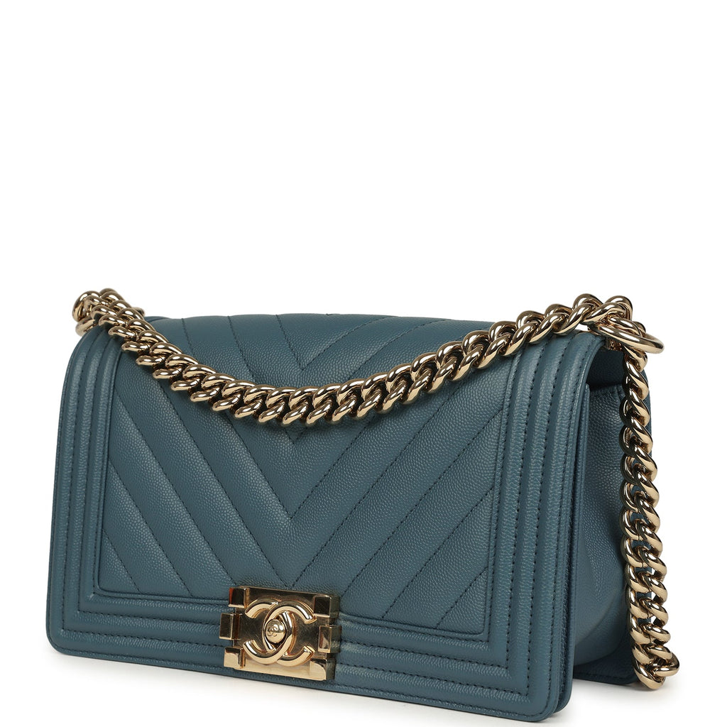 Chanel Medium Chevron Boy Bag Blue Caviar Light Gold Hardware