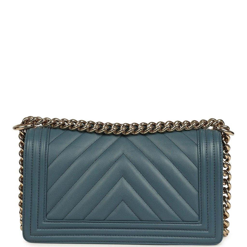 Chanel Medium Chevron Boy Bag Blue Caviar Light Gold Hardware