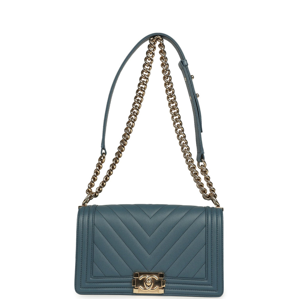 Chanel Medium Chevron Boy Bag Blue Caviar Light Gold Hardware