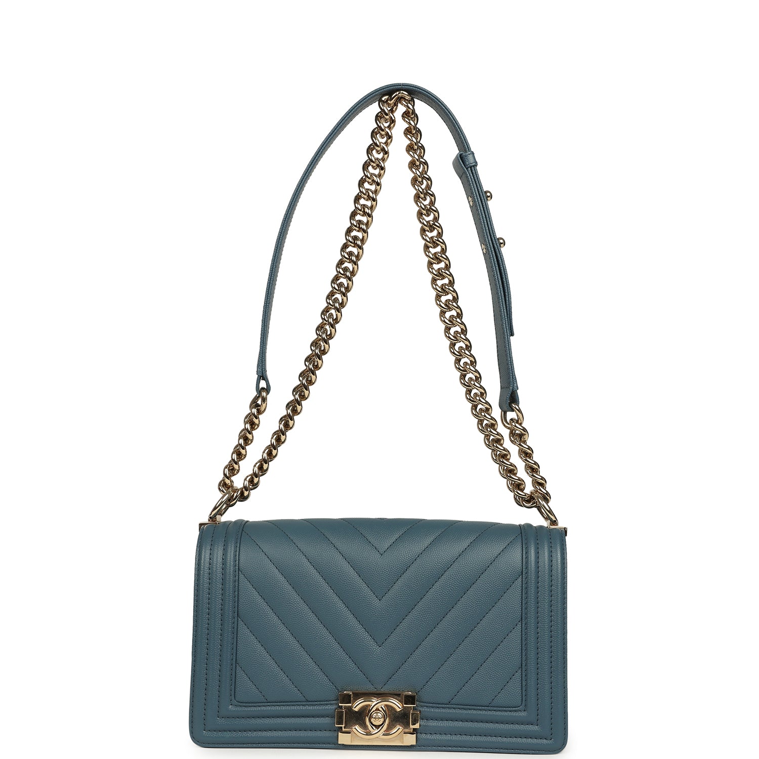 Chanel Medium Chevron Boy Bag Blue Caviar Light Gold Hardware