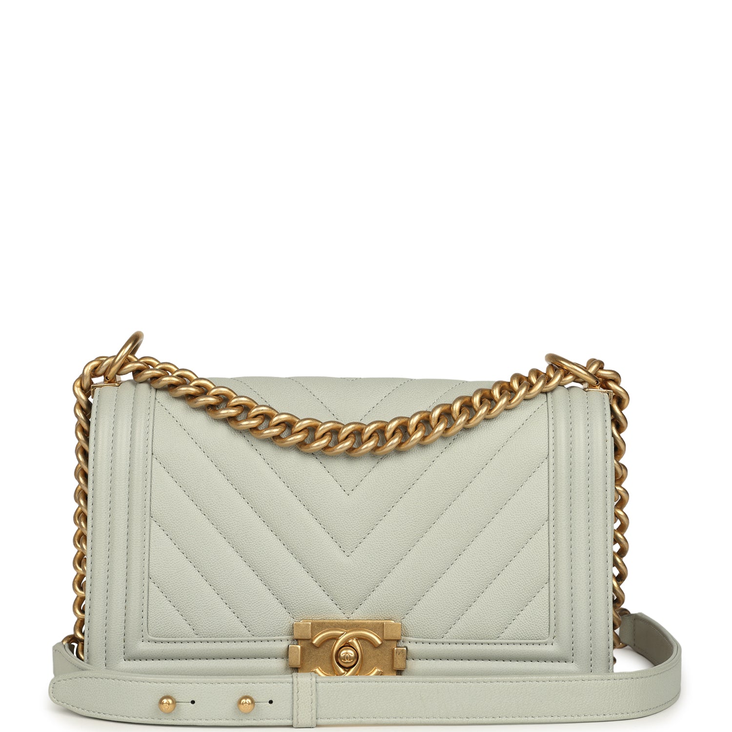 Chanel Medium Chevron Boy Bag Light Blue Caviar Antique Gold Hardware