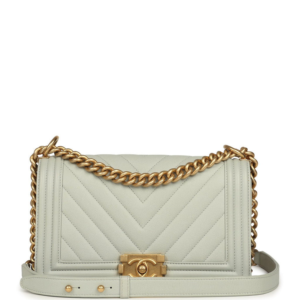 Chanel Medium Chevron Boy Bag Light Blue Caviar Antique Gold Hardware