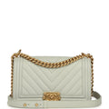 Chanel Medium Chevron Boy Bag Light Blue Caviar Antique Gold Hardware