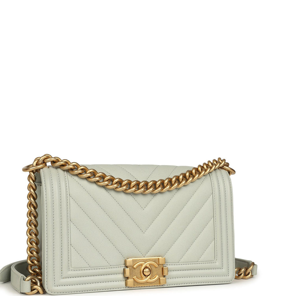 Chanel Medium Chevron Boy Bag Light Blue Caviar Antique Gold Hardware