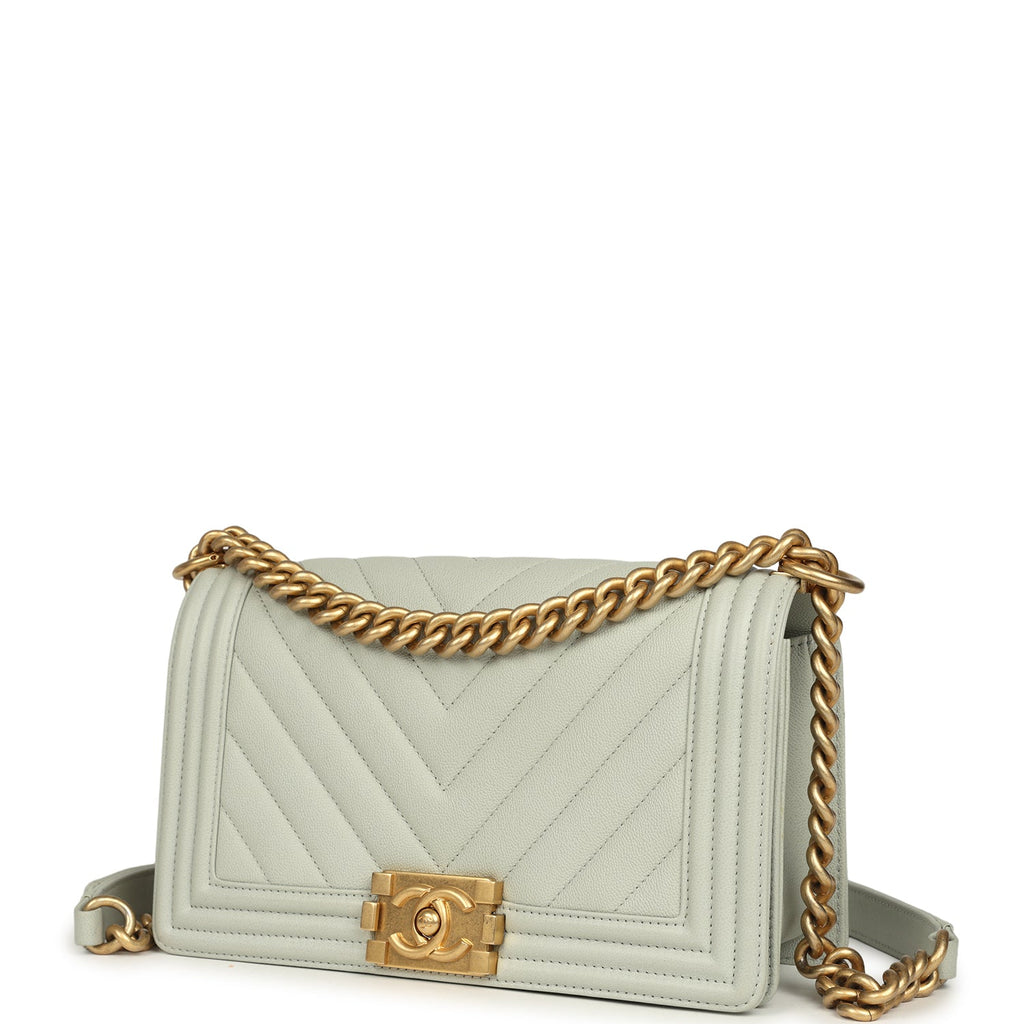 Chanel Medium Chevron Boy Bag Light Blue Caviar Antique Gold Hardware