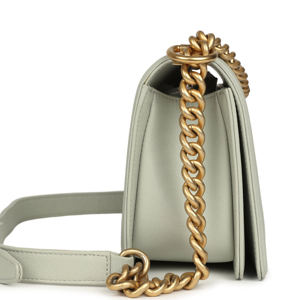 Chanel Medium Chevron Boy Bag Light Blue Caviar Antique Gold Hardware