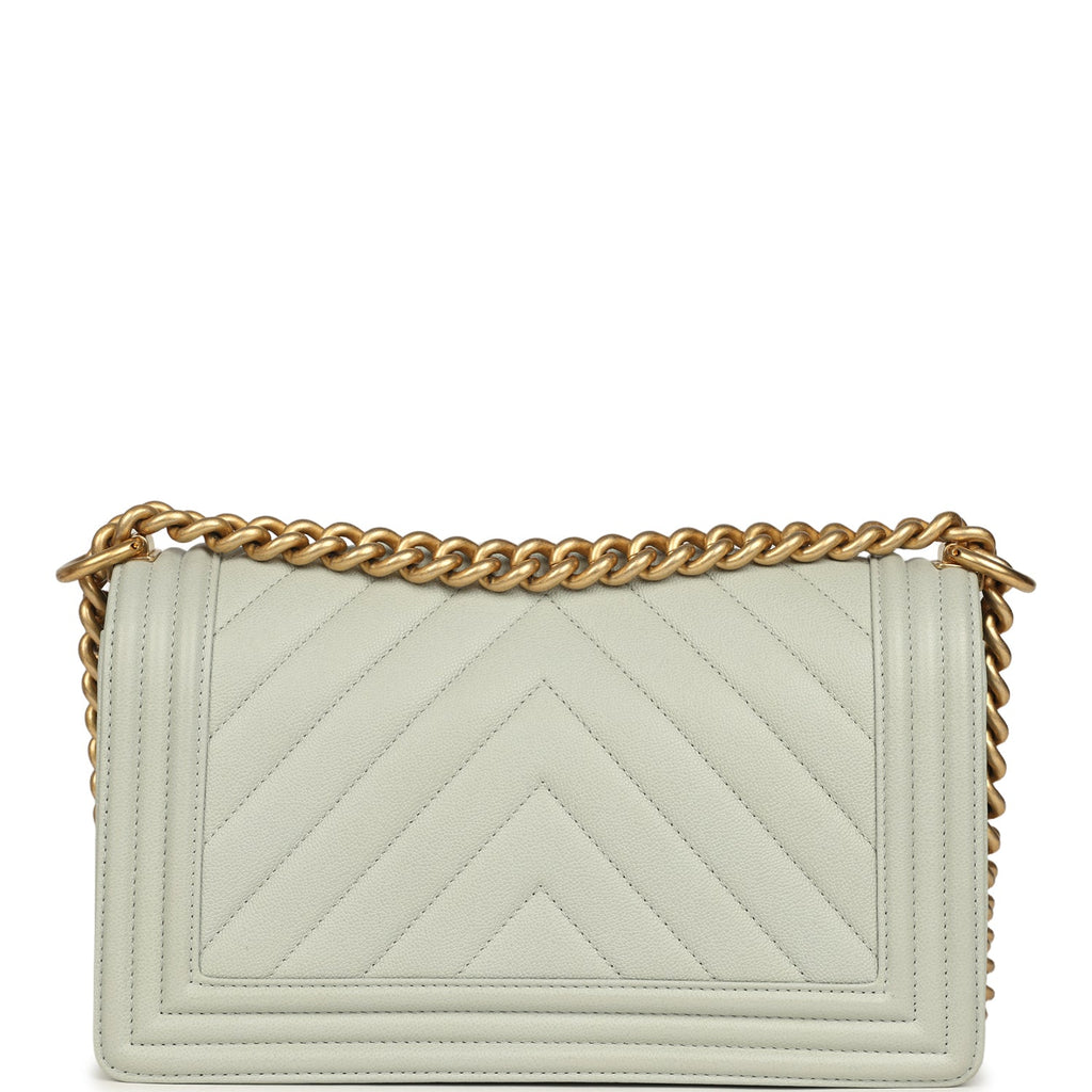 Chanel Medium Chevron Boy Bag Light Blue Caviar Antique Gold Hardware