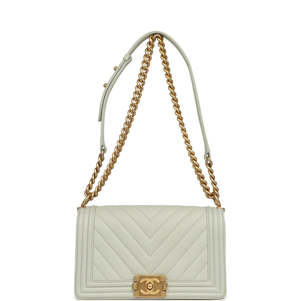 Chanel Medium Chevron Boy Bag Light Blue Caviar Antique Gold Hardware